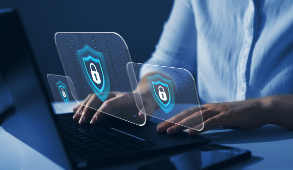 abstract keyboard and screens with cyber lock
